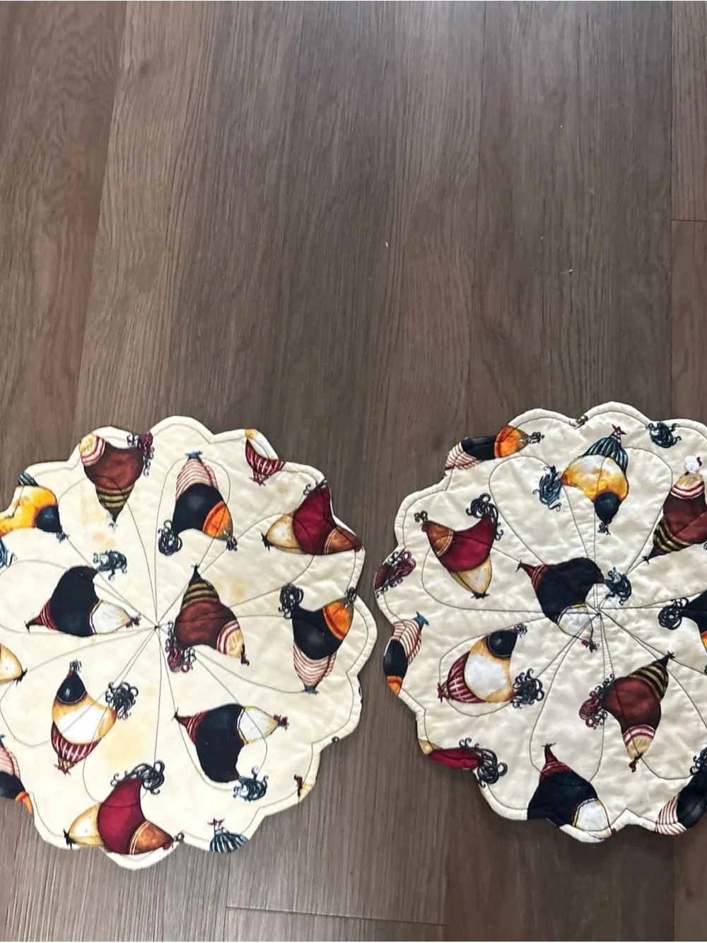 Quilted Cream Chicken Print Table Linens - Set of 2 15x15 handmade